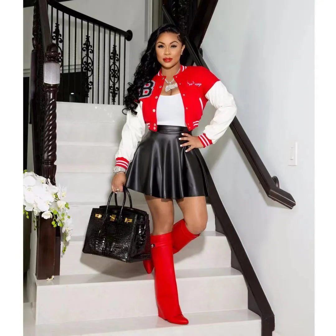 Baseball Jacket with Leather Mini Skirt Set