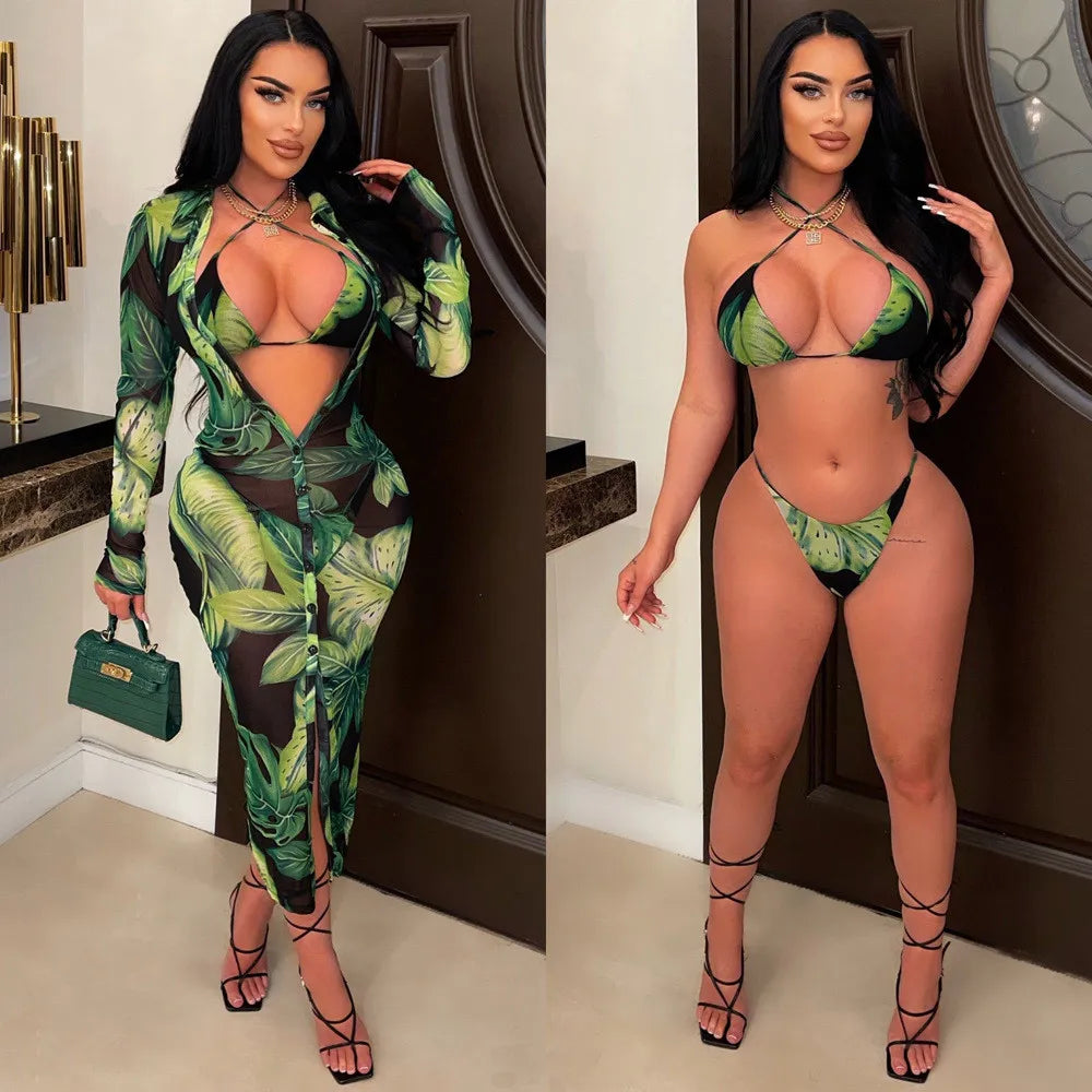 3-Piece Tropical Leaf Print Bikini Set