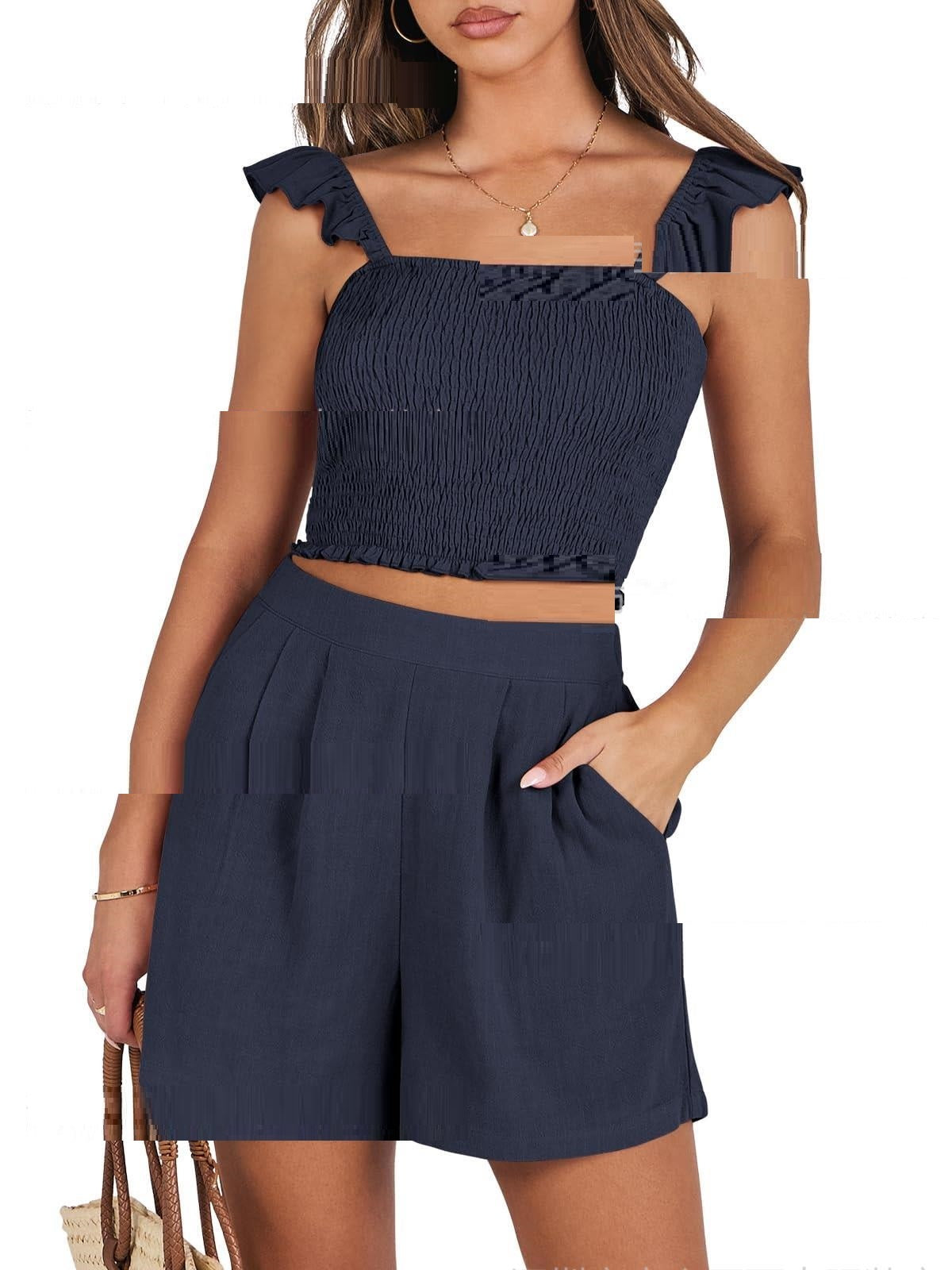 Ruffled Spaghetti Straps Sweet Women's Sleeveless Casual Suit