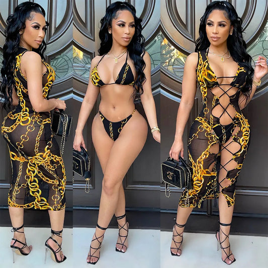 Black and Gold Chain Print 3-Piece Swimwear Set