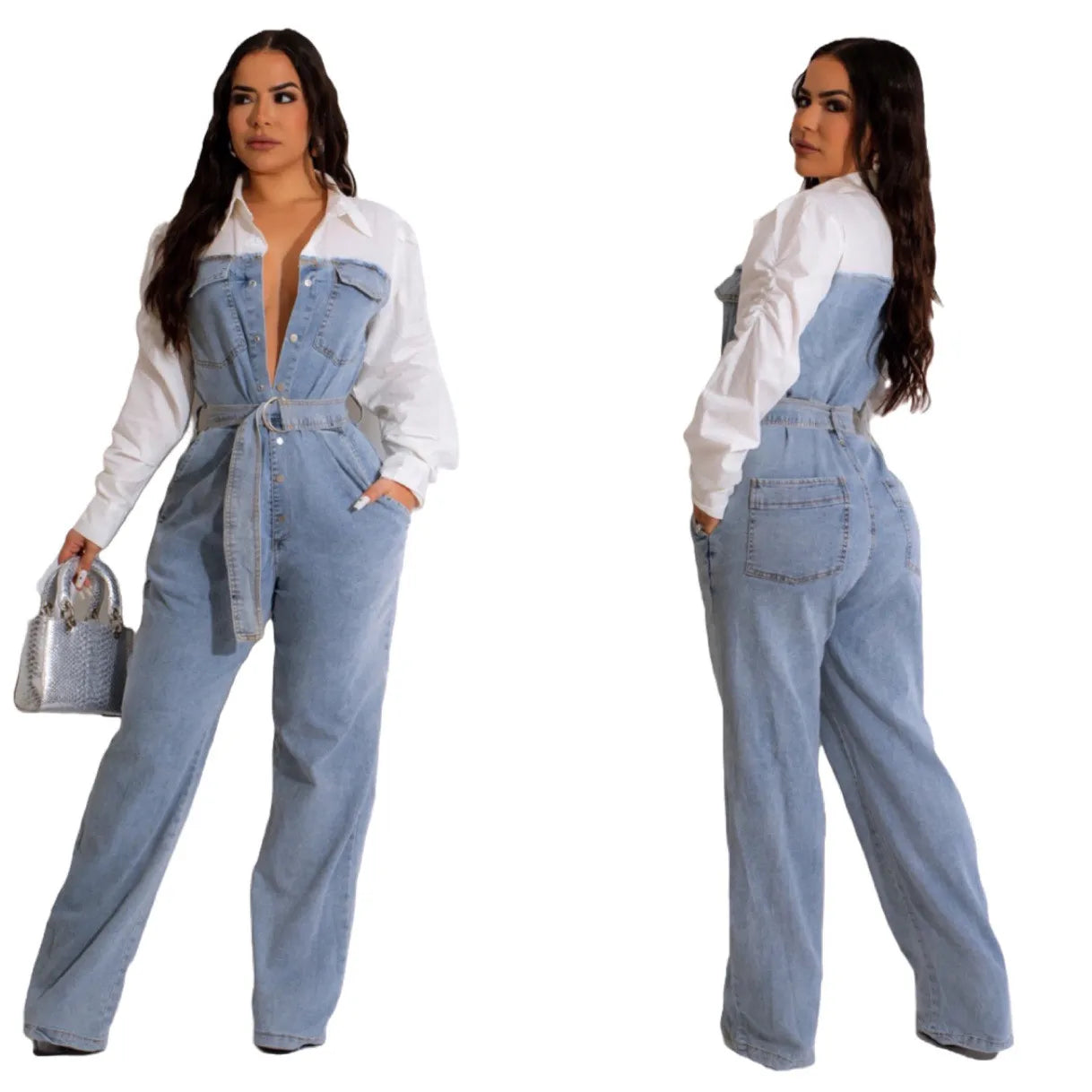 Casual Denim Colorblock Jumpsuit