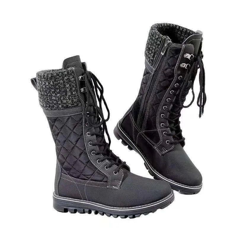 Quilted Lace-Up Flat Mid-Calf Boots