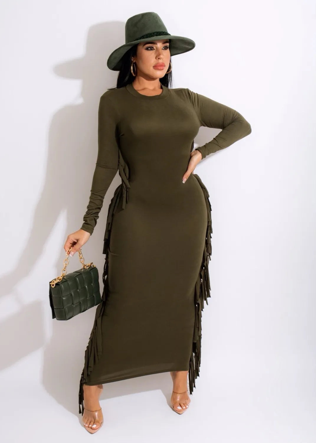 Tassel Accent Long Sleeve Bodycon Dress