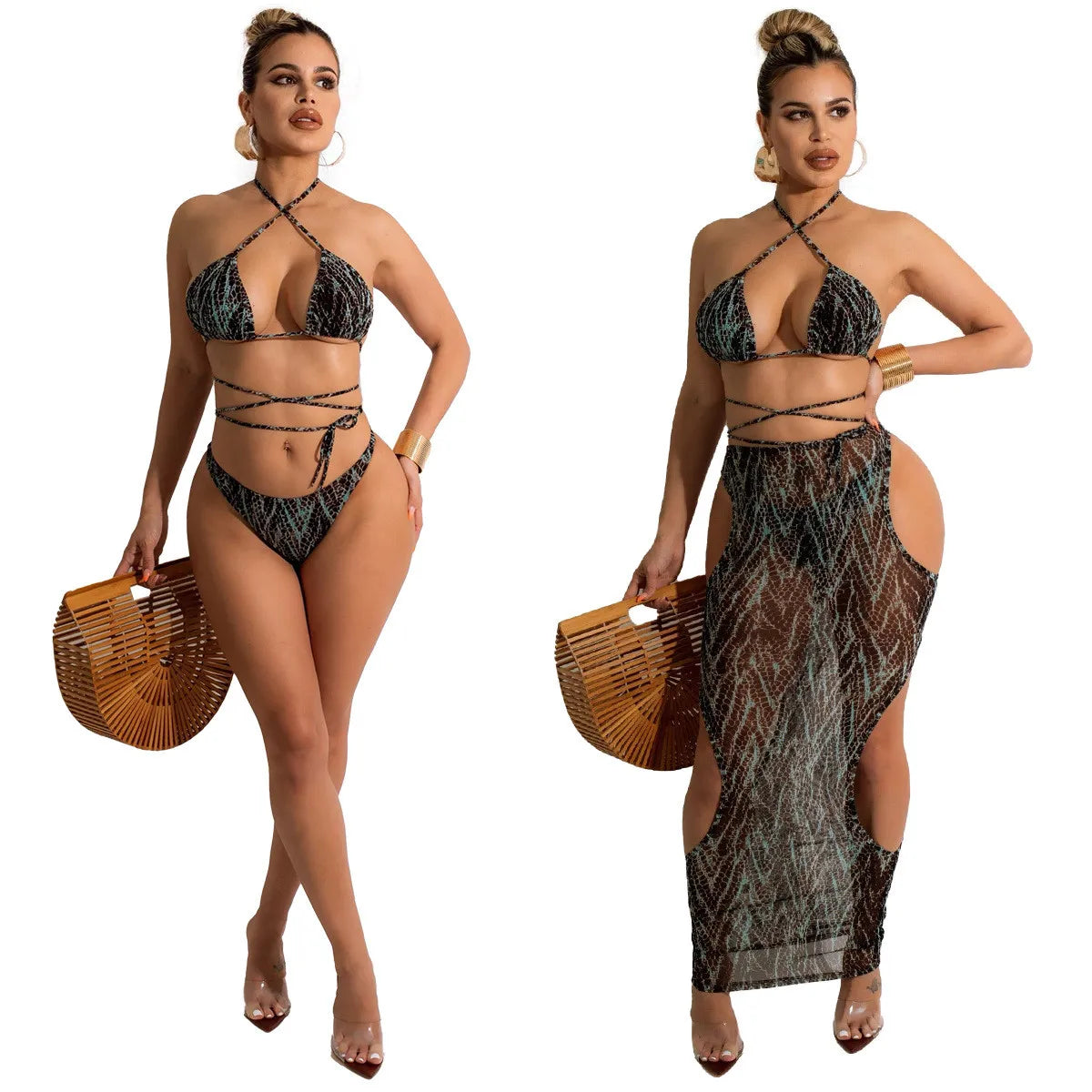 Sexy Print 3-Piece Bikini See-Through Set