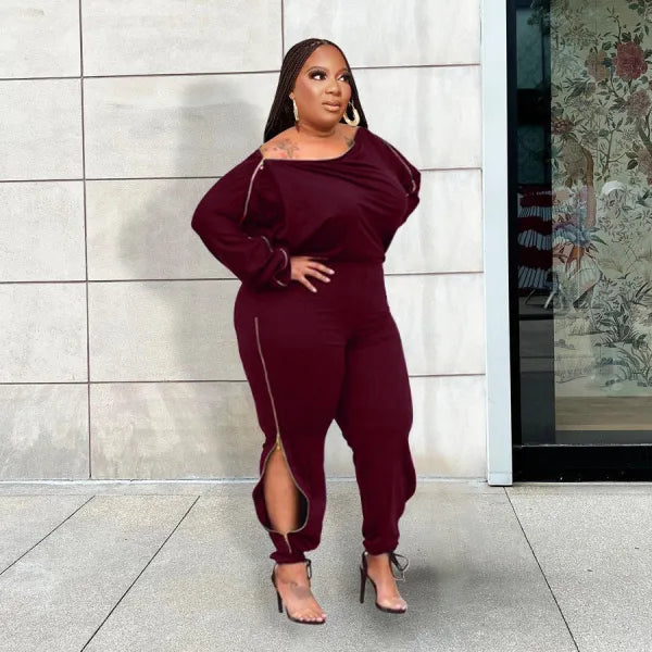 Plus Size Casual Solid Color Zipper Off-Shoulder Jumpsuit