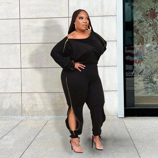 Plus Size Casual Solid Color Zipper Off-Shoulder Jumpsuit