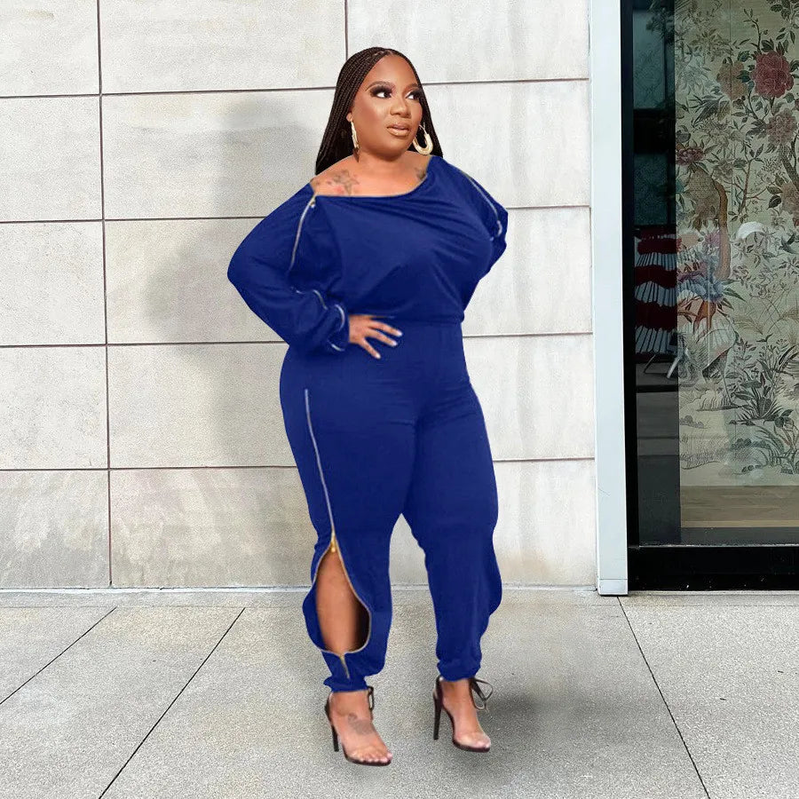 Plus Size Casual Solid Color Zipper Off-Shoulder Jumpsuit