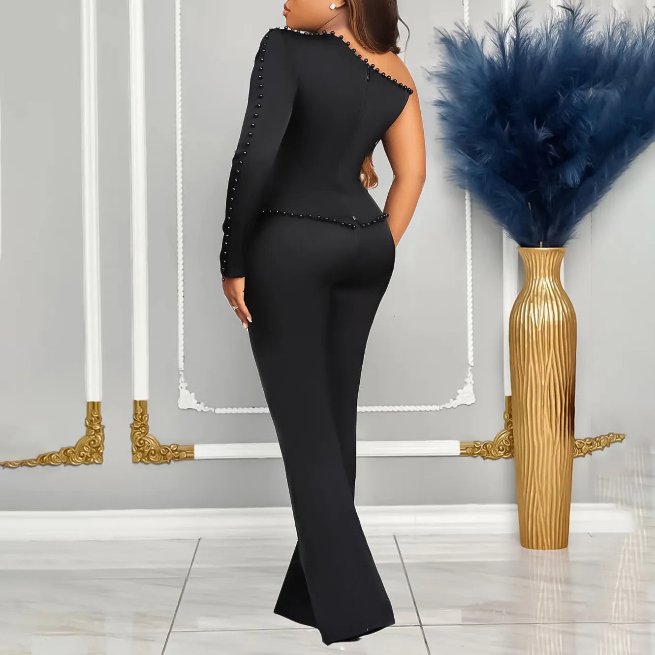 Plus One Shoulder Solid Pants Set