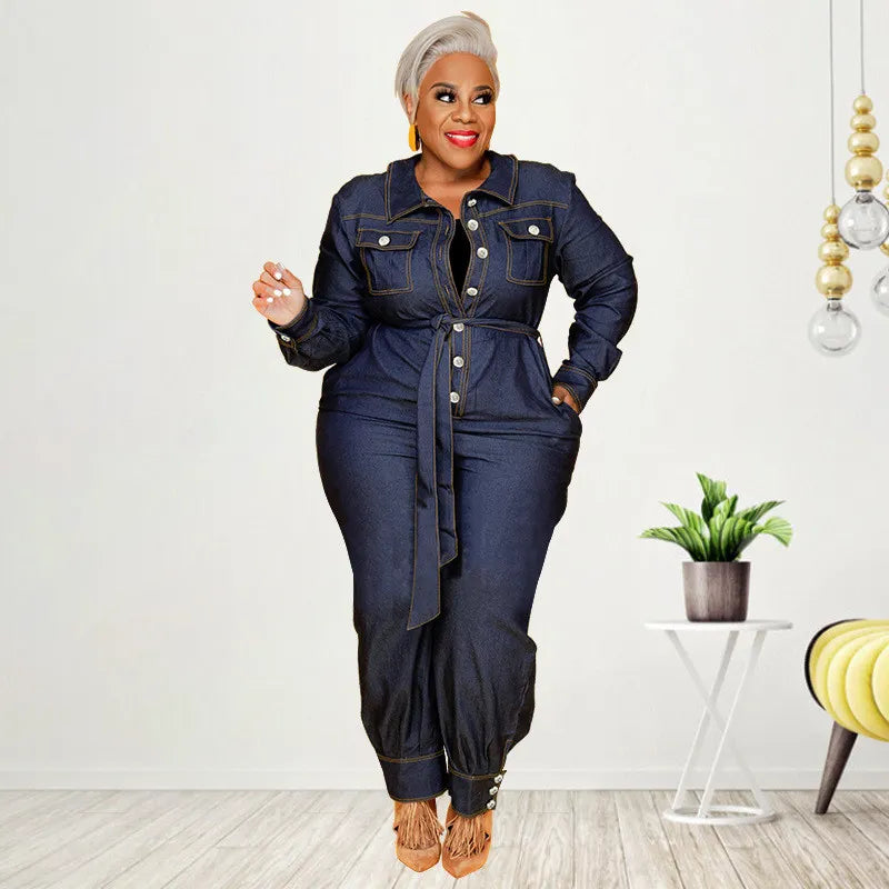 Plus Size V-Neck Casual Denim Jumpsuit