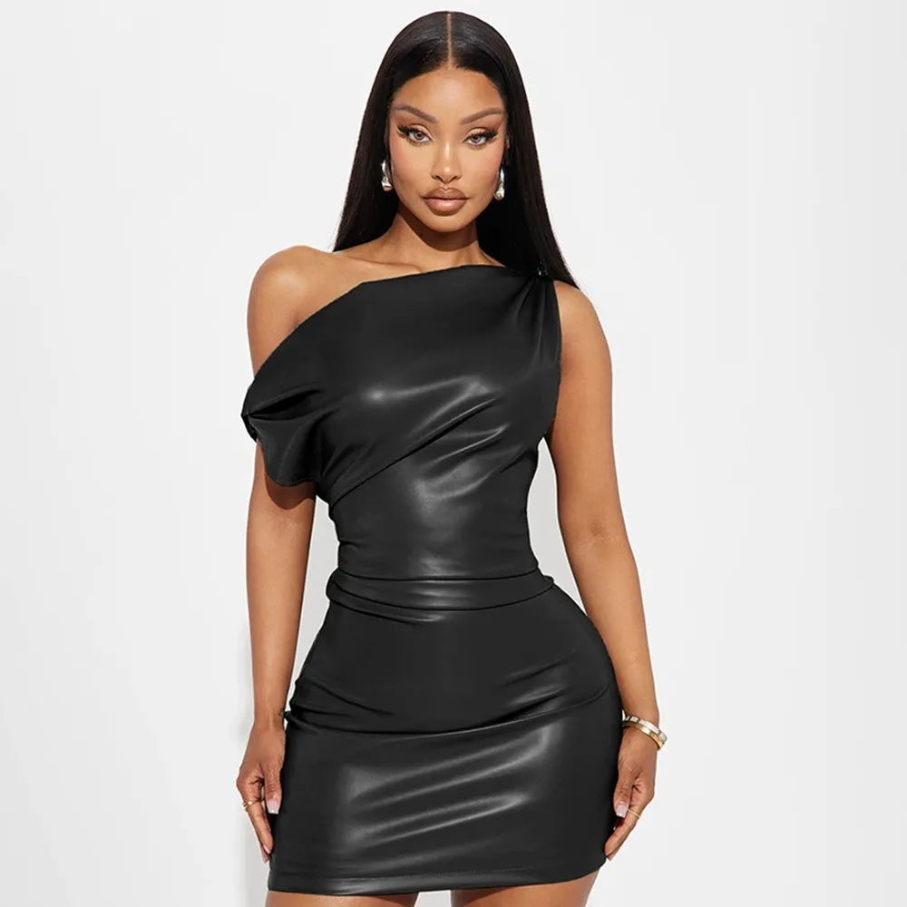 One-Shoulder Faux Leather Mini Dress