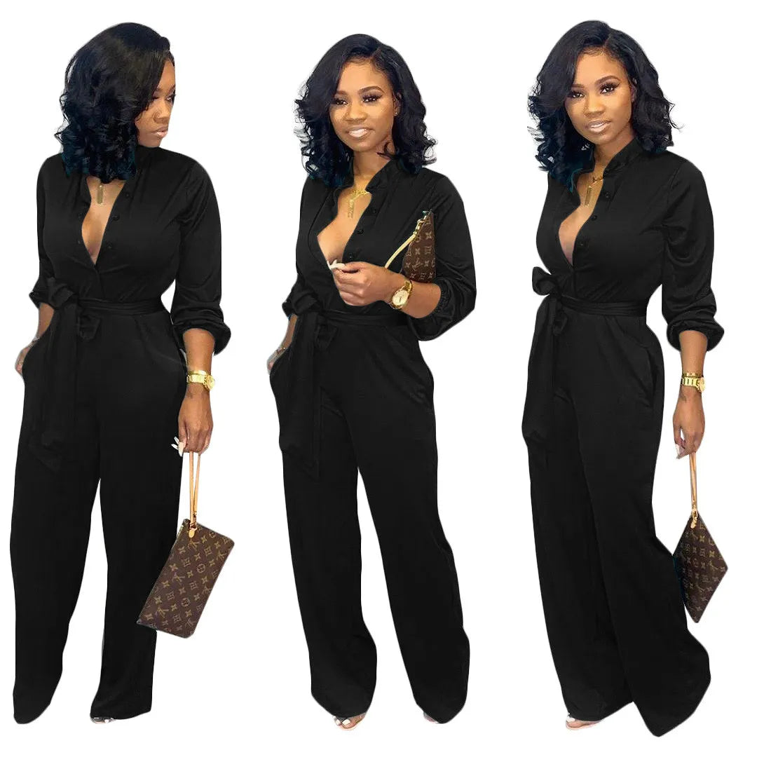 Solid Belted Long Sleeve Jumpsuit