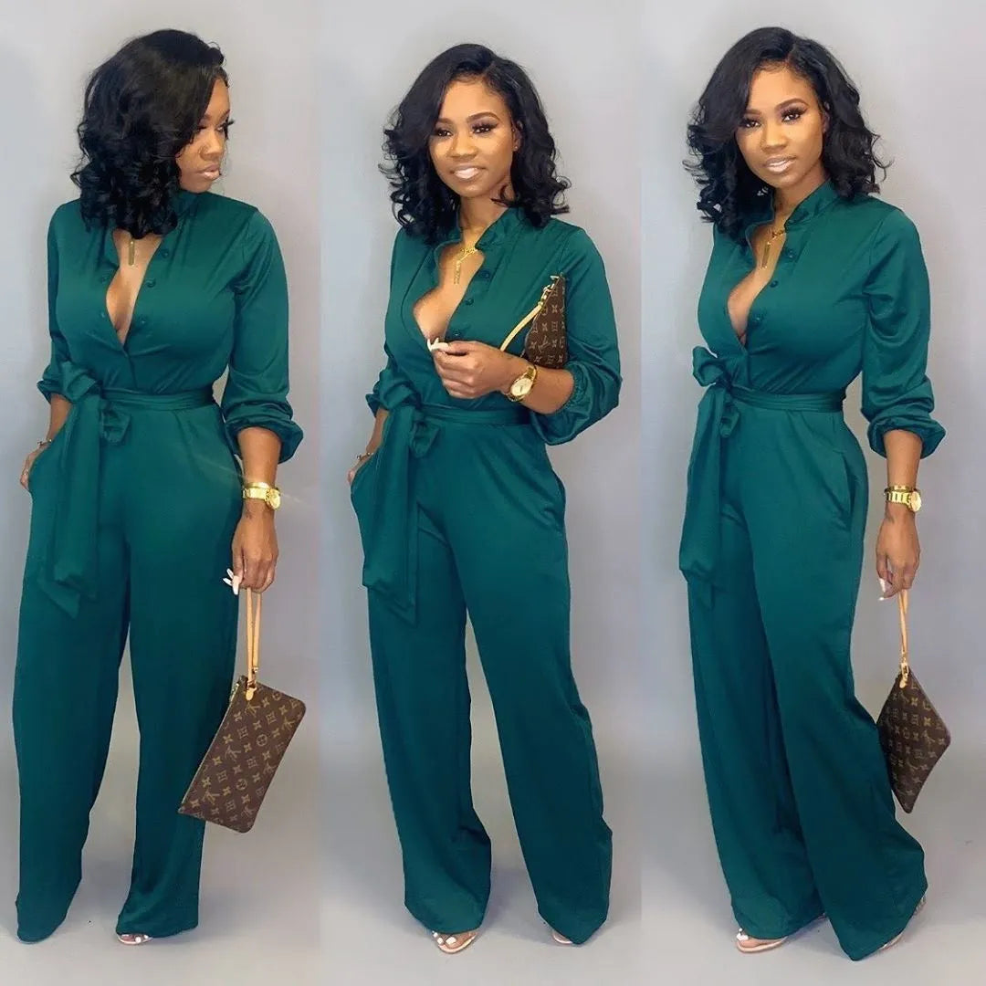 Solid Belted Long Sleeve Jumpsuit