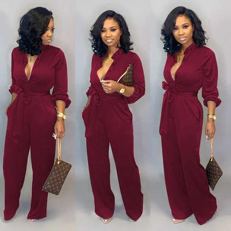 Solid Belted Long Sleeve Jumpsuit