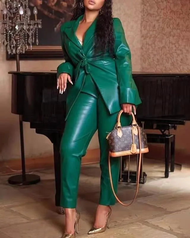 Women's 2 Piece Dark Green Leather Blazer Suit