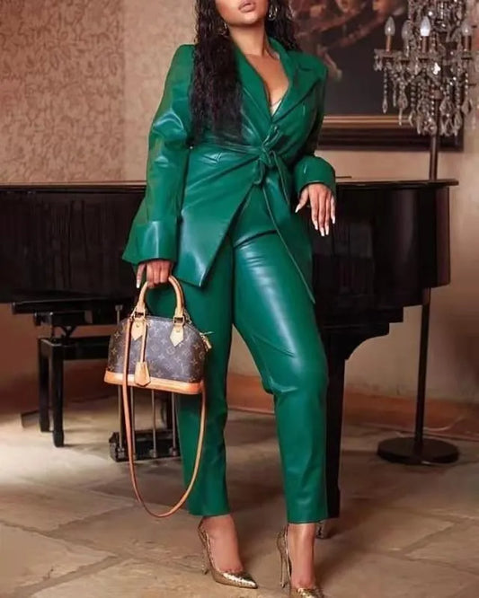 Women's 2 Piece Dark Green Leather Blazer Suit